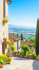 Charming Hilltop Village in Tuscany With Cobblestone Streets and Vibrant Flower Boxes Under a Clear Blue Sky