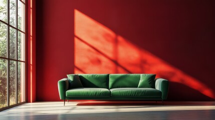 Green Velvet Sofa in a Room with a Red Wall and Sunlight Streaming Through a Window