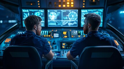 High Resolution Close-Up of the Ship's Bridge with Crew Members Analyzing Navigation and Control Systems in a Modern Maritime Environment