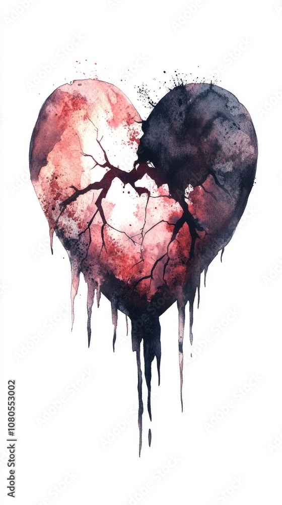 Poster a heart with a broken stem and a broken branch. the heart is dripping with water. concept of sadness