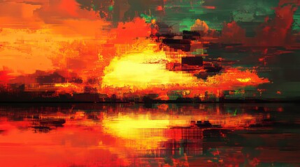 Abstract digital painting of a fiery sunset reflecting on a still body of water.