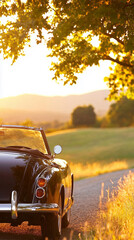 A Timeless Convertible Journey Through the Enchanting Tuscan Countryside at Dusk, Embraced by Soft Golden Hues
