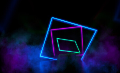Fototapeta premium Dark background. Neon light figures on a dark background, smoke.