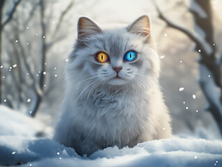 A cute cat with heterochromia (different colored eyes), sitting in a snowy winter scene