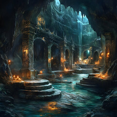 Illustration of Ancient Ruins Cave Waterfall Candles Fantasy