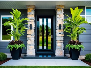 A modern and stylish front door with a sleek black finish, flanked by stone pillars and potted plants.