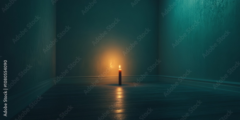 Poster a candle is lit in a dark room. the room is empty and the candle is the only source of light. scene 