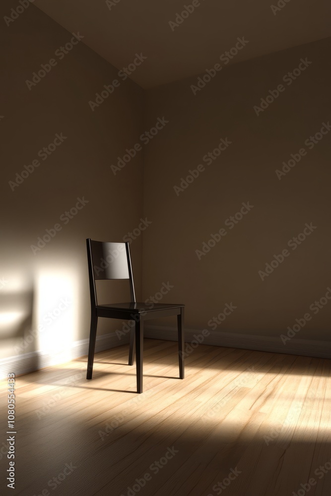 Poster a chair is sitting in a room with a light shining on it. the room is empty and the chair is the only