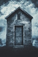 A small, old house with a blue door sits in a field. The sky is cloudy and the house appears to be abandoned