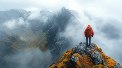 Rocky and exposed ledges of the Cascade Saddle in New Zealand, hiker navigating through mist and uneven terrain, lush valley far below, detailed textures on mossy rocks, clouds drifting around mountai
