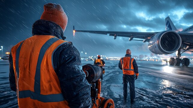 Personnel on a Rainy Runway in Reflective Vests Preparing for Aircraft Operations Amidst Inclement Weather Conditions