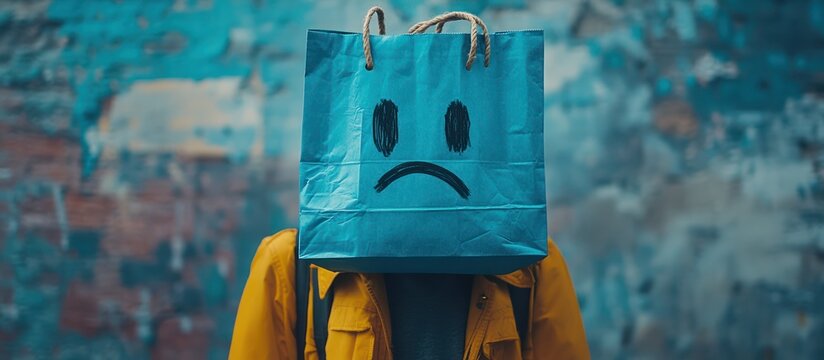 Person with a blue paper bag over their head with a sad face drawn on it.