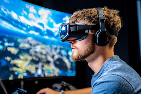 Pilot Utilizing Flight Simulator in Virtual Reality Environment for Training, Focusing on Side Angle and Realistic Flight Experience