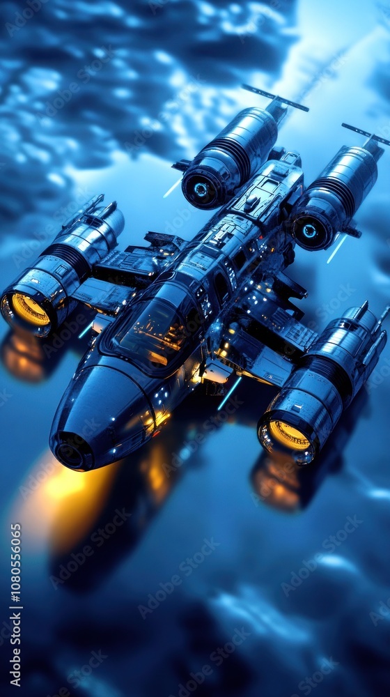 Poster a futuristic spaceship with glowing engines flying through a cloudy sky.