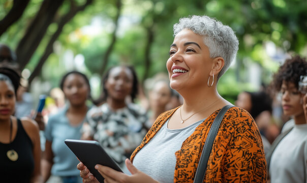 A middle-aged woman with short gray hair is holding up her tablet while talking excitedly to the crowd around her, wearing casual that match their surroundings