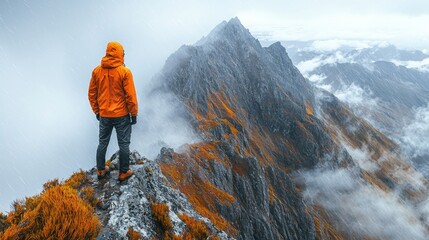 Exposed, narrow ledge on Mount Ossa, Tasmania, hiker with rain jacket and wind whipping around, rocky terrain with sheer drops, intense sky above, capturing the thrill and wild nature of Tasmanias 