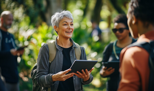 A smiling senior woman at a community service event is looking at a digital tablet and laughing with a group of multicultural men and women in a park. This concept represents social progress.