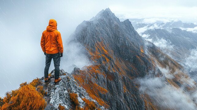 Exposed, narrow ledge on Mount Ossa, Tasmania, hiker with rain jacket and wind whipping around, rocky terrain with sheer drops, intense sky above, capturing the thrill and wild nature of Tasmanias 