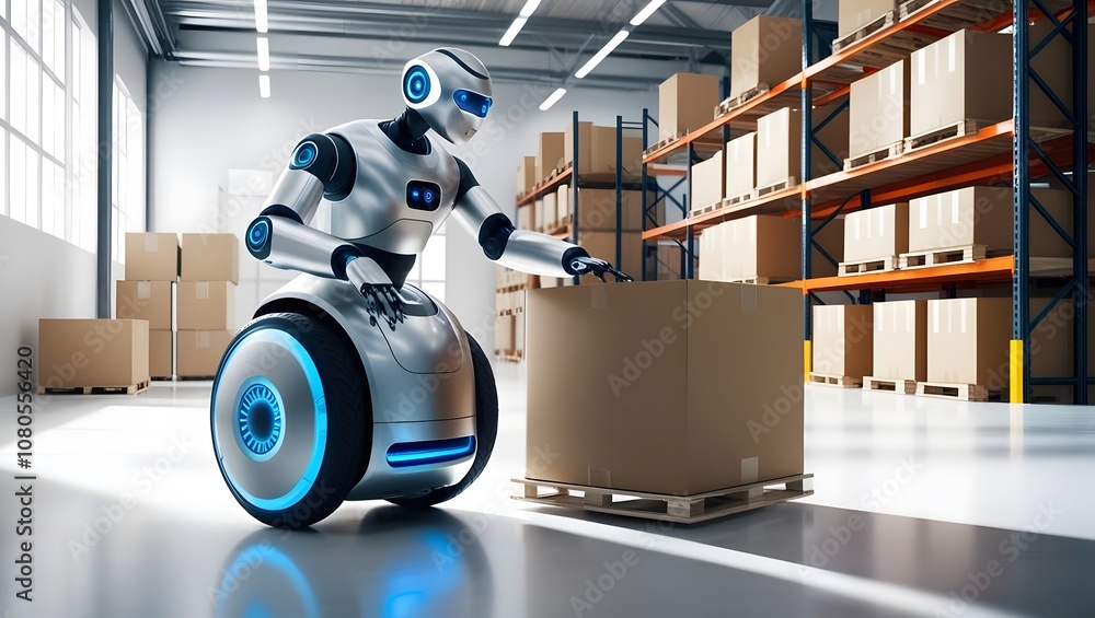 Poster robot sorting packages warehouse digital art industrial setting close-up automation efficiency