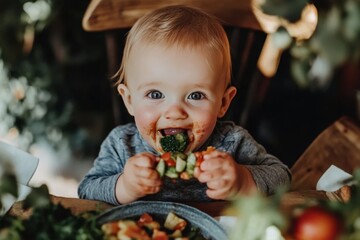 Happy toddler enjoying organic vegetables with baby led weaning, self feeding joyful lunchtime