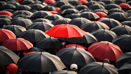 Crowd gathering with red and black umbrellas urban park photography afternoon aerial view unity in diversity