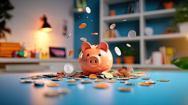 A cheerful piggy bank surrounded by scattered coins, symbolizing savings, finance, and wealth management in a modern home setting.