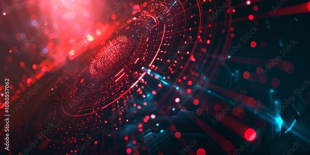 Poster abstract digital technology background featuring red and blue glowing dots and circular patterns, pe