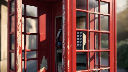 Obraz premium Historic action phone call iconic red phone booth urban setting close-up view communication concepts
