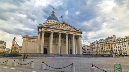 Fototapeta premium National pantheon building timelapse hyperlapse, front view with street and people. Paris, France