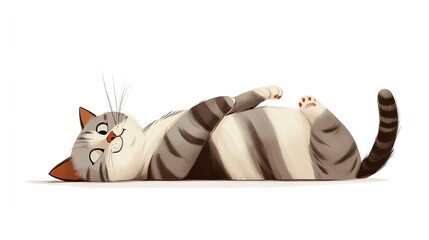 a 2D cartoon illustration of a cat lying on its back, playful and lazy, white background--ar 16:9