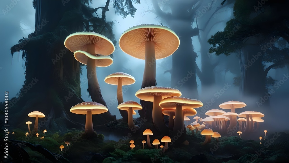 Poster illuminated mushroom grove enchanted forest nature scene misty atmosphere ground level mystical beau