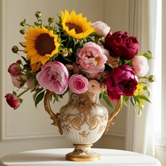 A black ceramic vase with a dried hydrangea flower stands on a wooden surface.