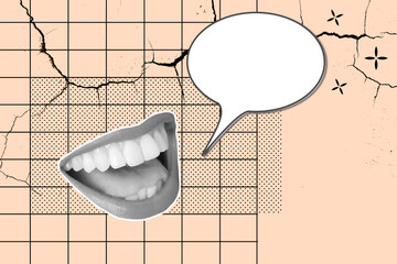 Collage of an open mouth with a blank speech bubble on a chequered background