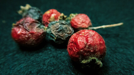 Close-Up of Dried Red and Black Berries on Dark Surface