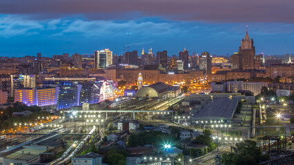 Panoramic view to Kiev Railway Station night to day timelapse and modern city in Moscow, Russia