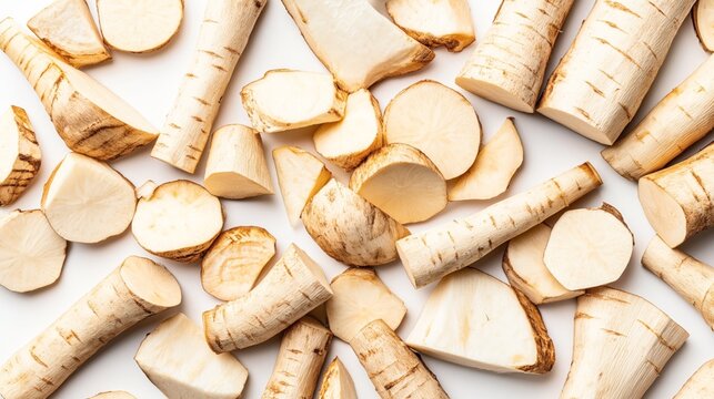 Pile of fresh sliced burdock roots with visible skin and inner texture on a white background