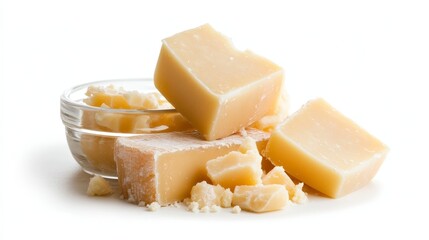 Freshly Cut Blocks of Natural Soap on a White Background with a Bowl of Shredded Soap for Crafting and Personal Care Projects