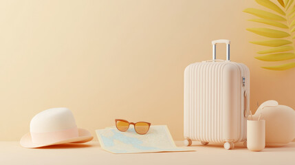 A stylish travel setup featuring soft colored suitcase, sunglasses, hat, map, and tropical leaf. This scene evokes sense of adventure and relaxation