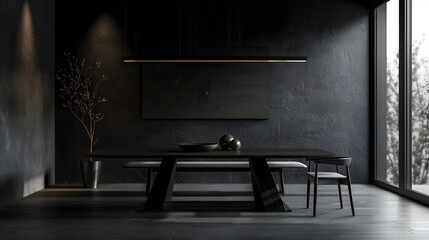 Minimalist Black Wooden Dining Room with Contemporary Design and 3D Rendered Home Mockup