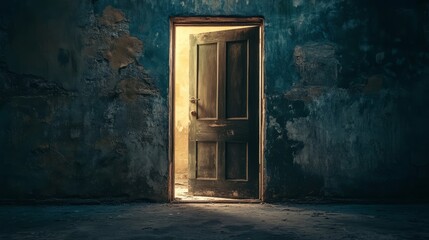 A door is open in a room with a wall. The door is wooden and has a knob