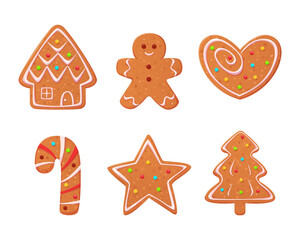 Fototapeta premium Christmas gingerbread cookies set. Winter Holidays biscuit ginger man, house, star, xmas tree, heart and candy. Cute sweet dessert decorated with icing