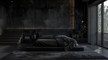 Minimalist Wooden Bedroom with Serene Decor and Calming Ambiance in Moody Tones