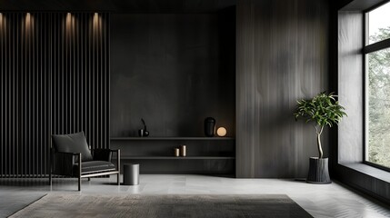 Minimalist Black Wooden Living Space with Neutral Colors and Serene Atmosphere