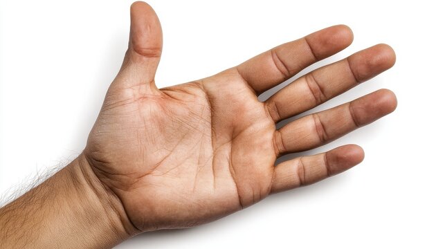 Close-Up of an Open Human Hand with Detailed Skin Texture and Natural Color Against a Clean White Background for Artistic and Educational Use