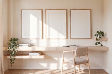 Modern home office with wooden-framed blank pictures on beige wall, floating desk with books and plant, soft sunlight for a peaceful workspace
