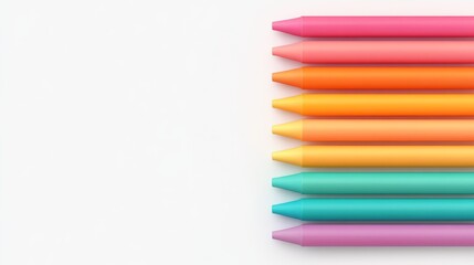 Fototapeta premium Colorful crayons arranged neatly on a white isolated background.