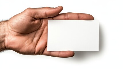 Obraz premium Hand Holding Blank Business Card with White Background, Ideal for Branding, Marketing Concepts, Networking, and Professional Identity Representation