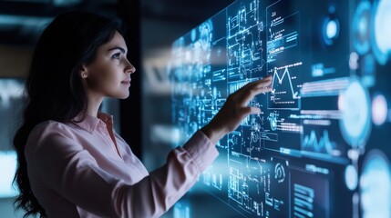 A woman is pointing at a computer screen with a blue background