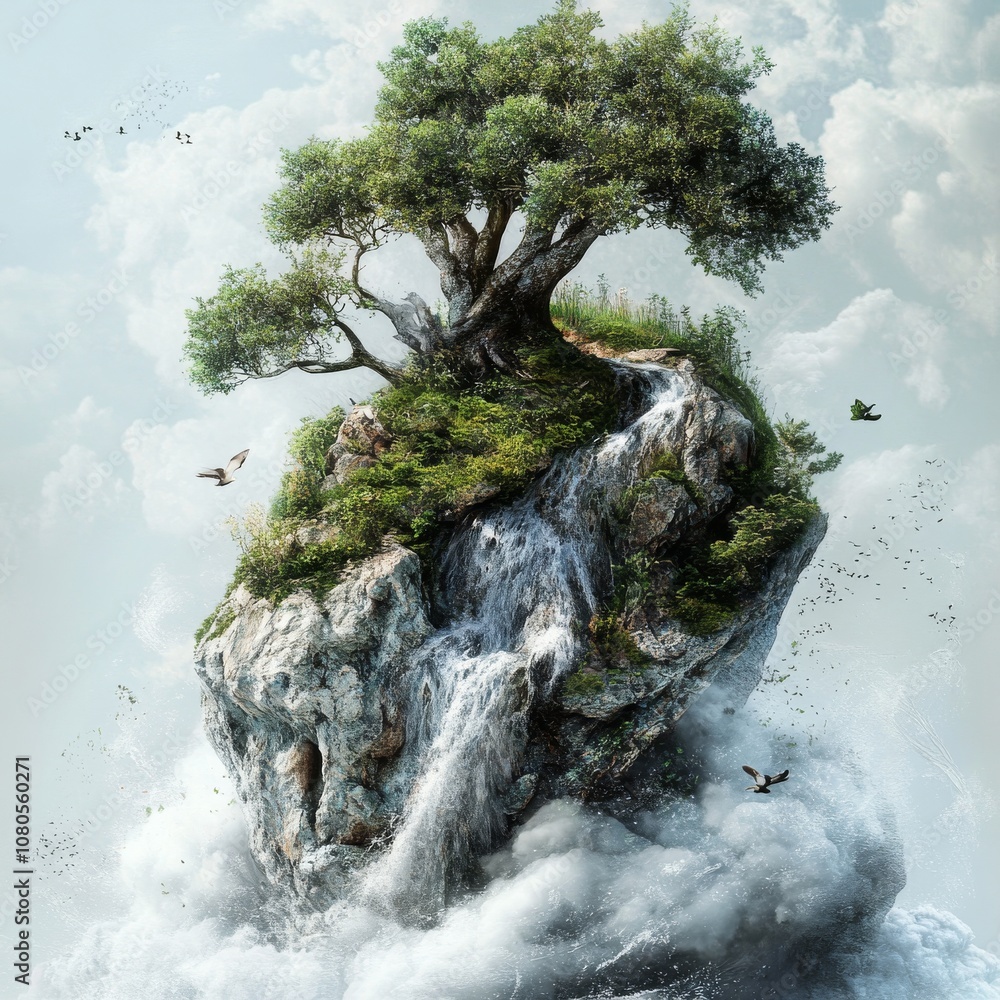 Poster a magical floating island with a tree and waterfall surrounded by clouds and birds, creating a dream