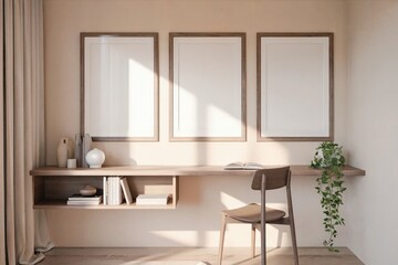 Fototapeta premium Modern minimalist workspace with three blank picture frames, a floating desk, and natural accents, bathed in warm, soft sunlight